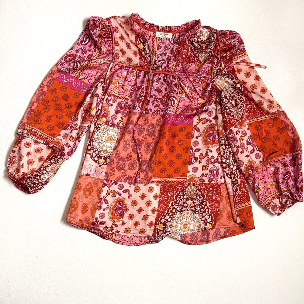 Umgee Boho Colorful Patchwork Paisley Print Peasant Blouse Size Small